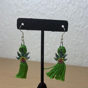 Green Tassel Leaf Charm Drop Earrings - Women Jewelry